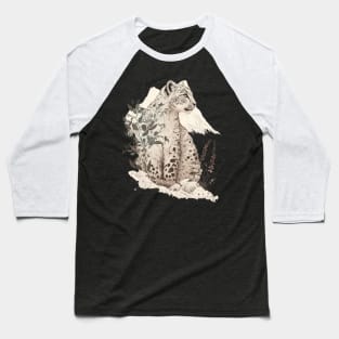 Snow Leopard in the Mountains Vintage Style Illustration Baseball T-Shirt